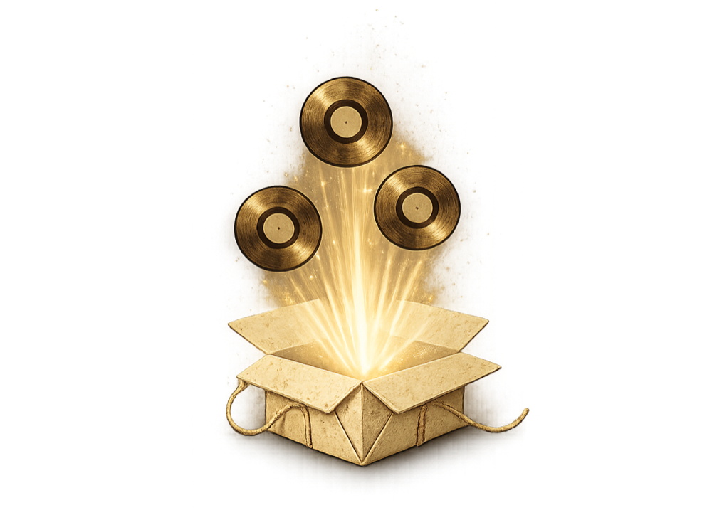 A kraft parcel bursting open, golden records rising out of it